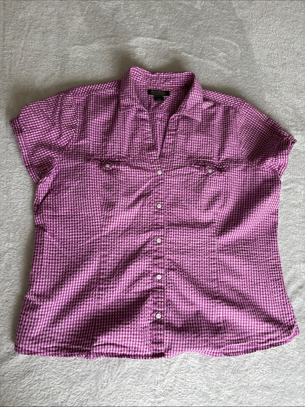 Eddie Bauer Women’s Purple Gingham Short Sleeve Cotton Shirt XXL EUC
